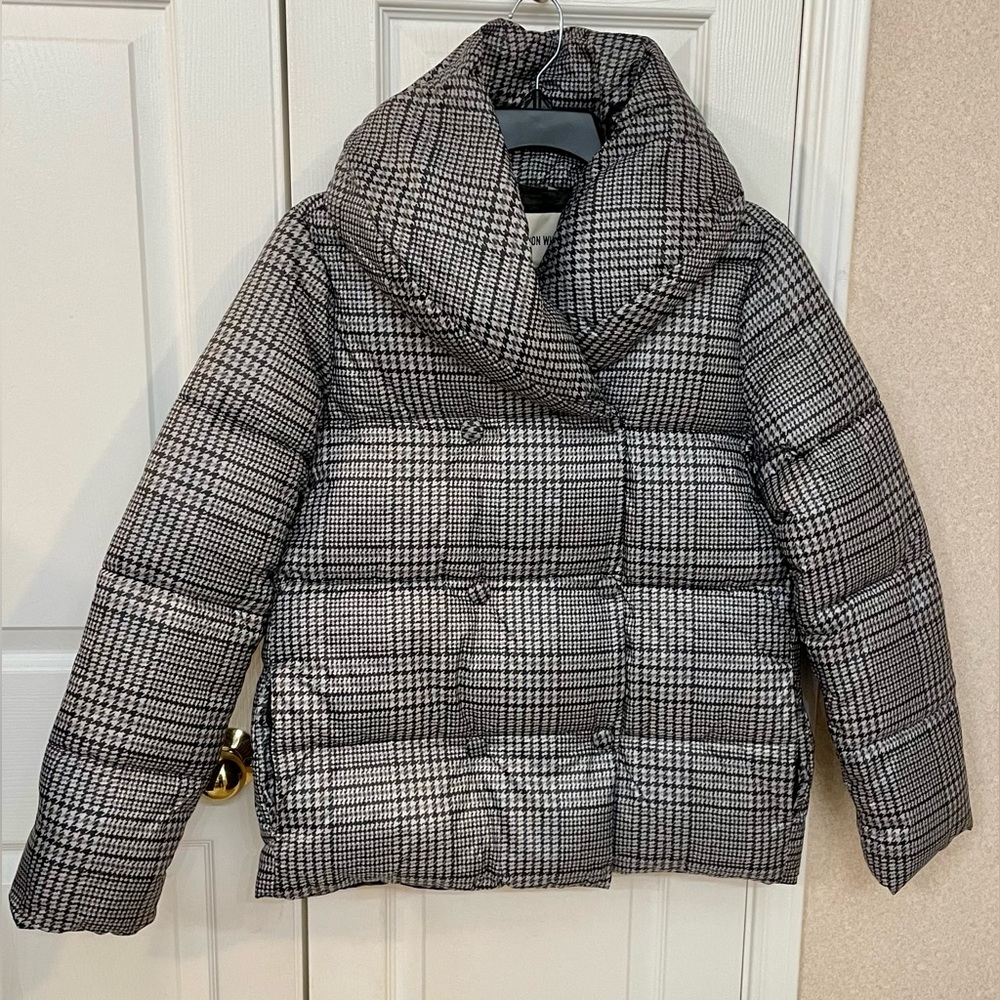 JASON WU, Sz XS, NWOT, Double-Breasted Gray Houndstooth Plaid Puffer Coat w/Hood